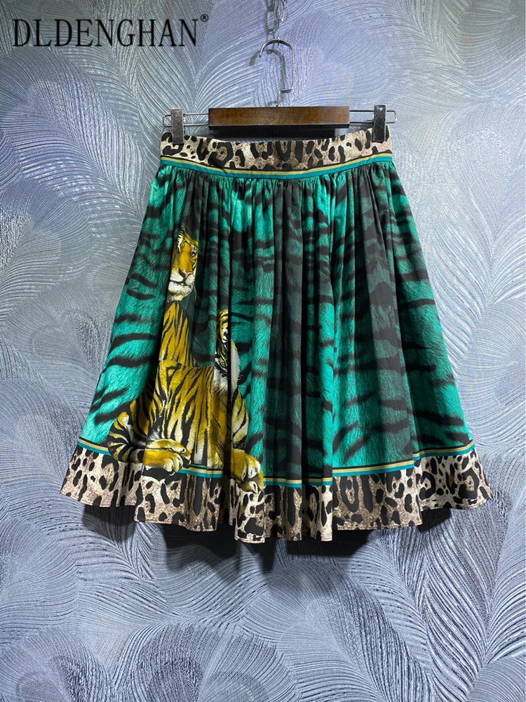 DLDENGHAN Women 100% Cotton Skirts Green Tiger Leopard print A Line Vintage Skirts Fashion Summer New