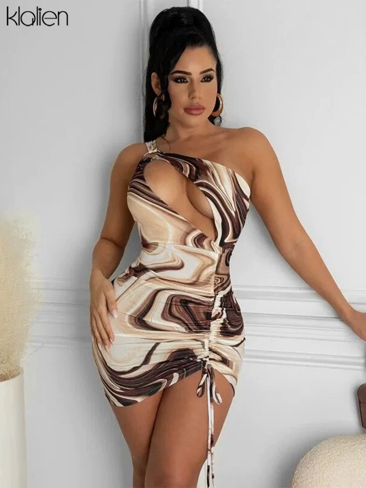 

Женское платье на одно плечо KLALIEN, модное сексуальное облегающее мини-платье с принтом и завязками, лето 2022 г.