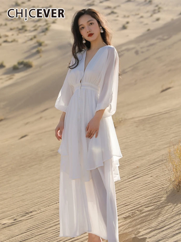 

CHICEVER Spring Loose Dresses For Women V Neck Long Sleeve High Waist Tunic Single Breasted Solid Chiffon Pleated Dress Female