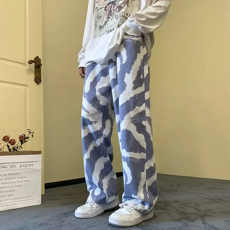 

Blue Black Tie-dye Jeans Men Fashion Print Casual Baggy Jeans Mens Streetwear Loose Hip-hop Straight Denim Trousers