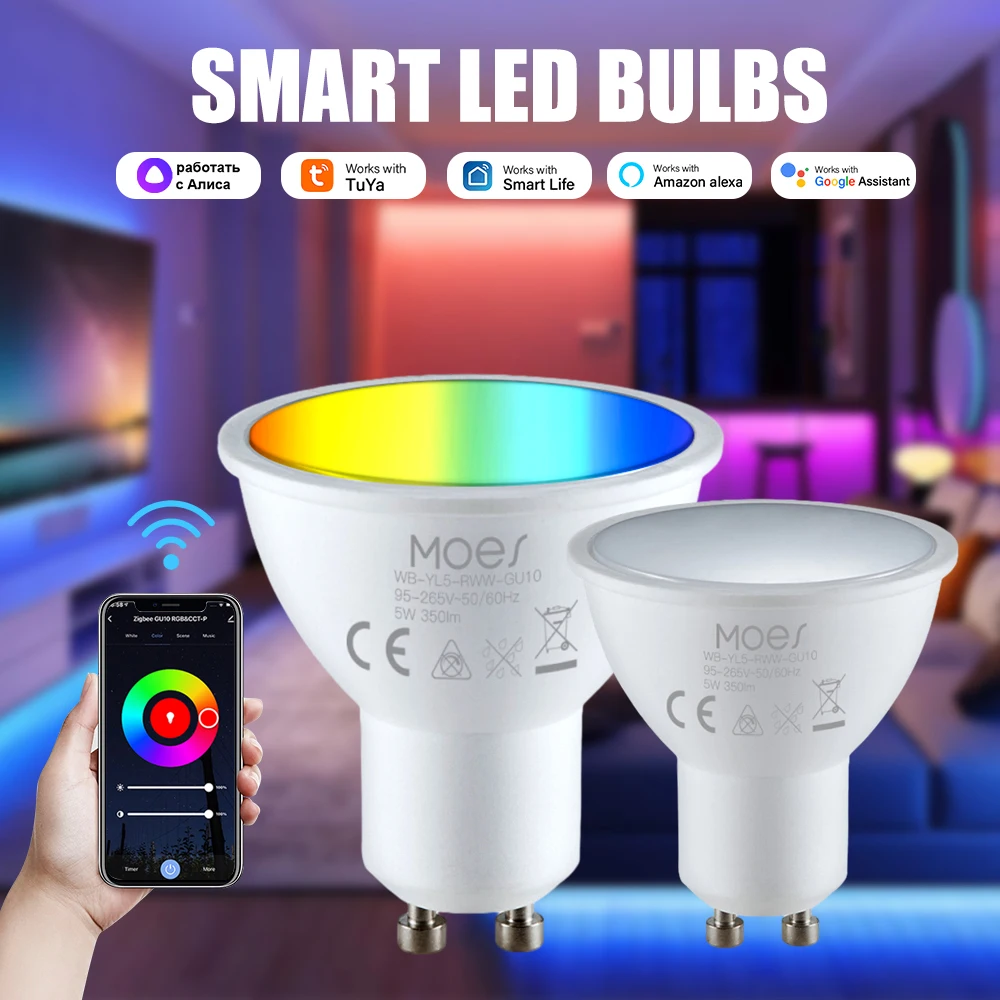 Tuya WiFi Smart LED GU10 Bulbs RGBW C W White 5W Dimmable Lamps Smart Life/Tuya Remote Control GU10 Bulbs Work With Alexa Google