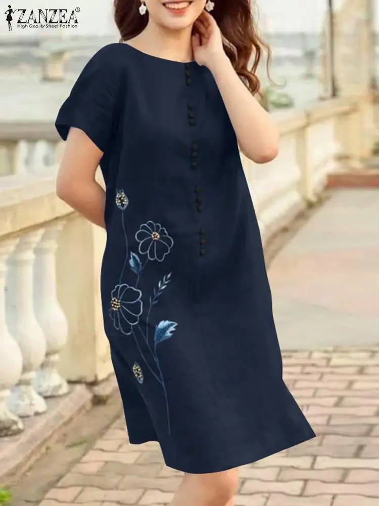 

2023 Summer Women Vintage Dress ZANZEA Casual Embroidery Print Short Sleeve Knee-length Sundress Holiday Beach Loose Shirt Robe