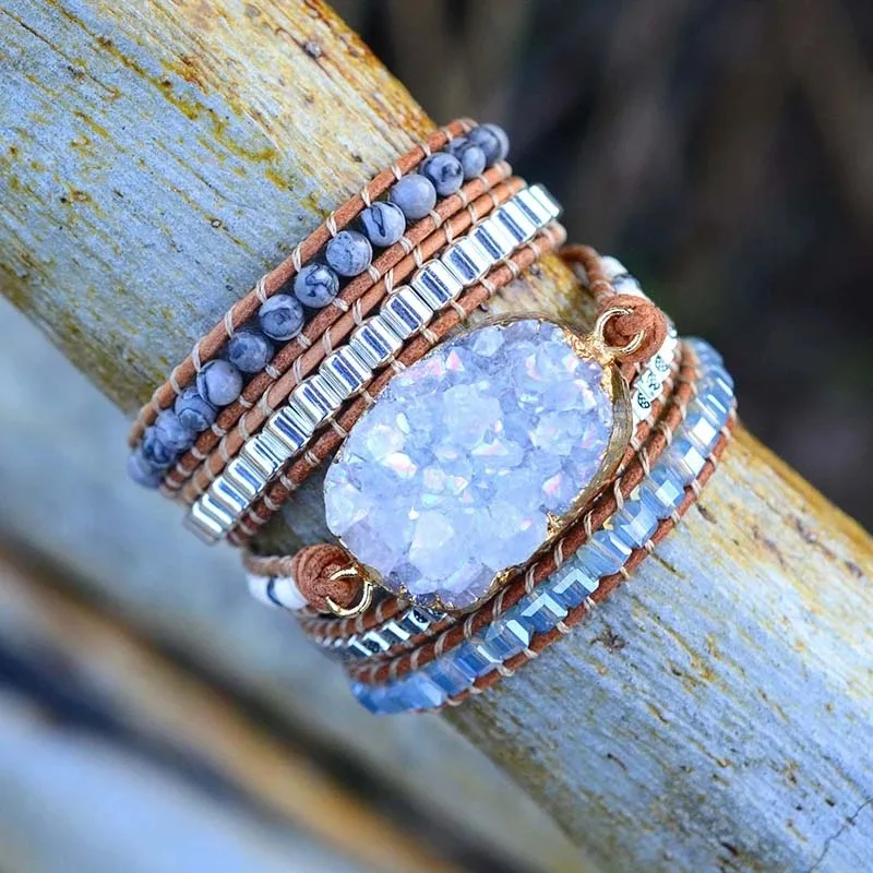 Creative Natural Crystal Cave Stone Gems Bead Boho 5X Wrap Rope Wristband Hand Woven Bracelet Popular Accessories Jewelry
