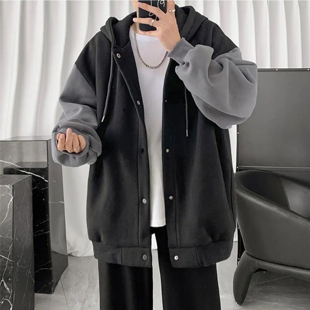 

Unisex Jacket Color Block Patchwork Loose Long Sleeve Single Breasted Outwear Spring Autumn Ribbed Cuff Sweatshirt Coat