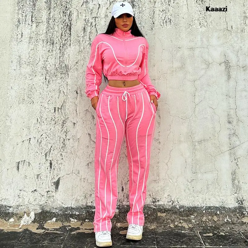 

KAAAZI Striped Long Sleeve Short Style Zipper T Shirt Women Crop Top Casual Suit Long Pants Two Piece Set Fashion Streetwear