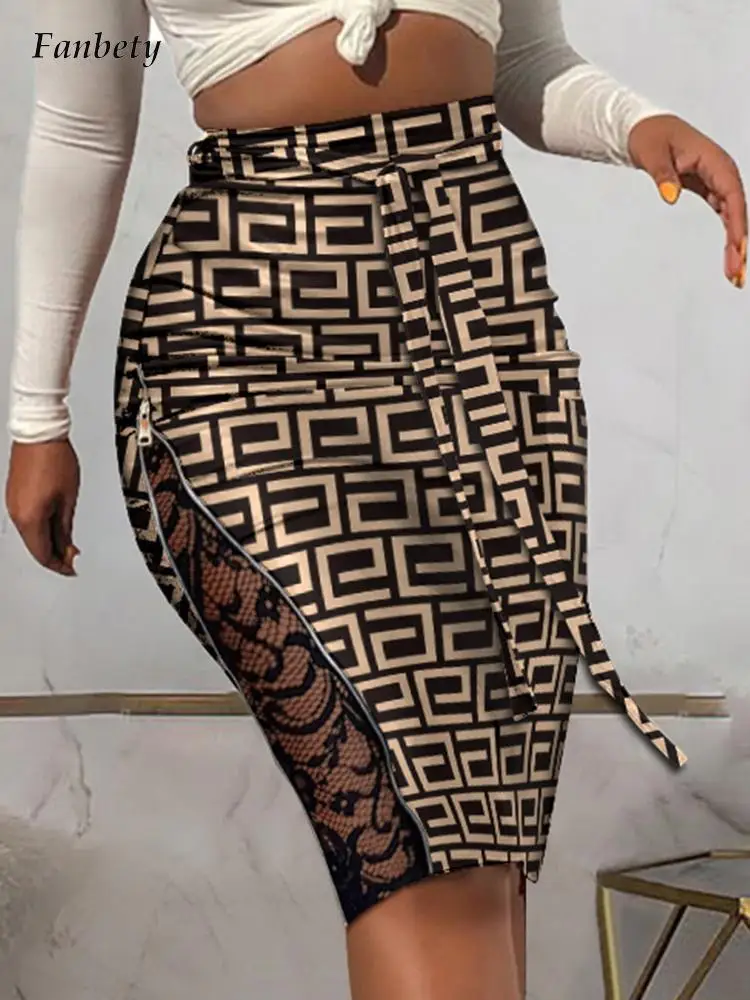 

Elegant Lady 2022 New Design Fashion Side Slit Zipper A-line Skirt Vinatge Printing Lace-up Hip Skirt Office Commute Women Skirt