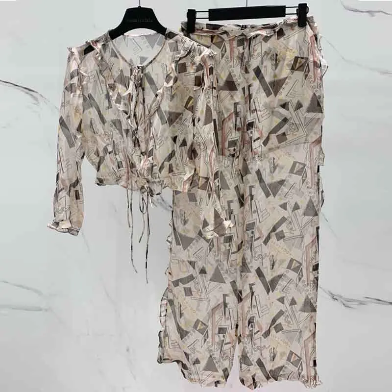 

2022 Summer Silk Geometric Print Sets Office Elegant Long Sleeve Ruffle Slimming Shirt Fashion Runway High Waist Wide Leg Pants
