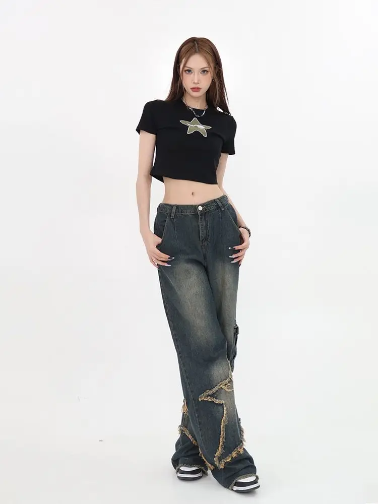 HOUZHOU Vintage Women Cargo Jeans Baggy Star Girl Y2k Grunge 90s Aesthetic Gyaru Denim Trousers Korean Streetwear Hippie Pants