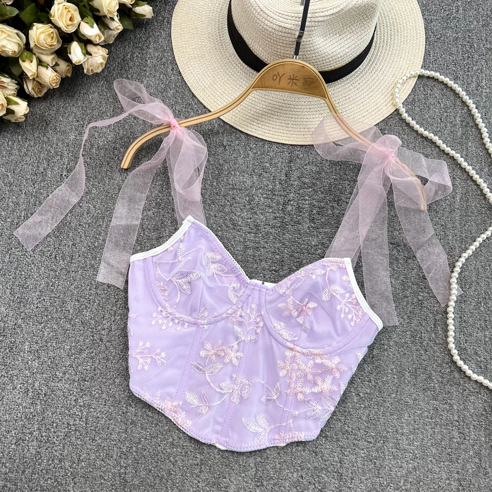 

Sexy Summer Tanks and Camis For Women Sleeveless Mesh Patchwork Floral Embroidery Croset Crop Tops Woman Skinny Tank Camisoles