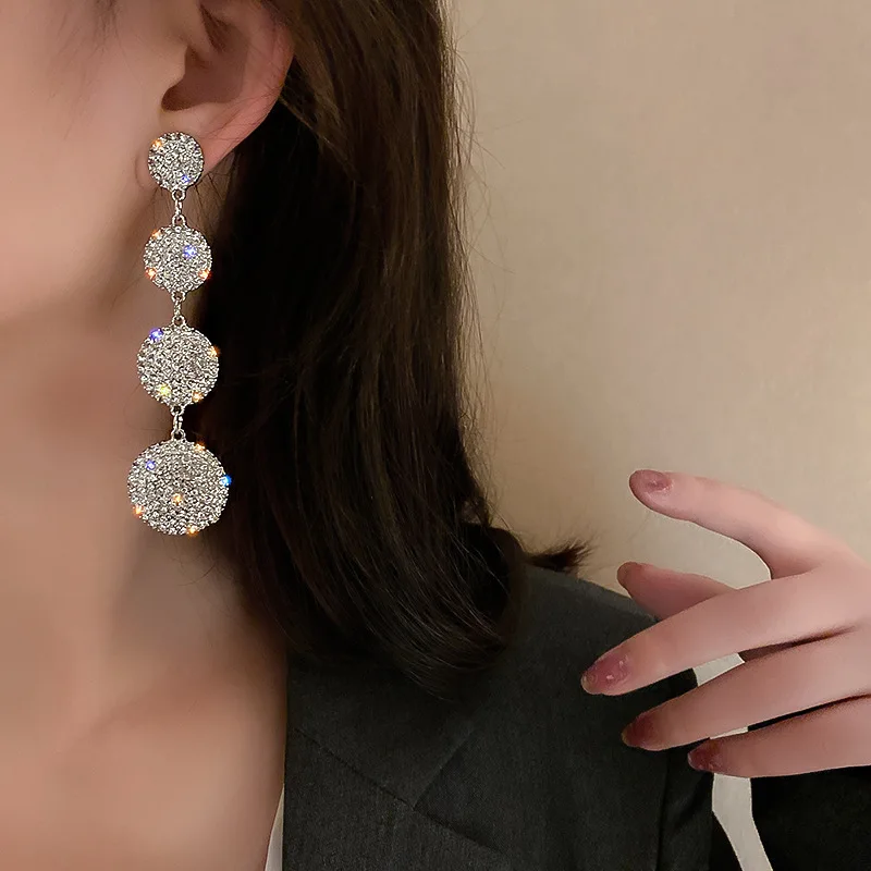

Korean Fashion S925 Silver Needle Earrings Full Diamond Circle Long Pendant Women's Earrings Party Jewelry