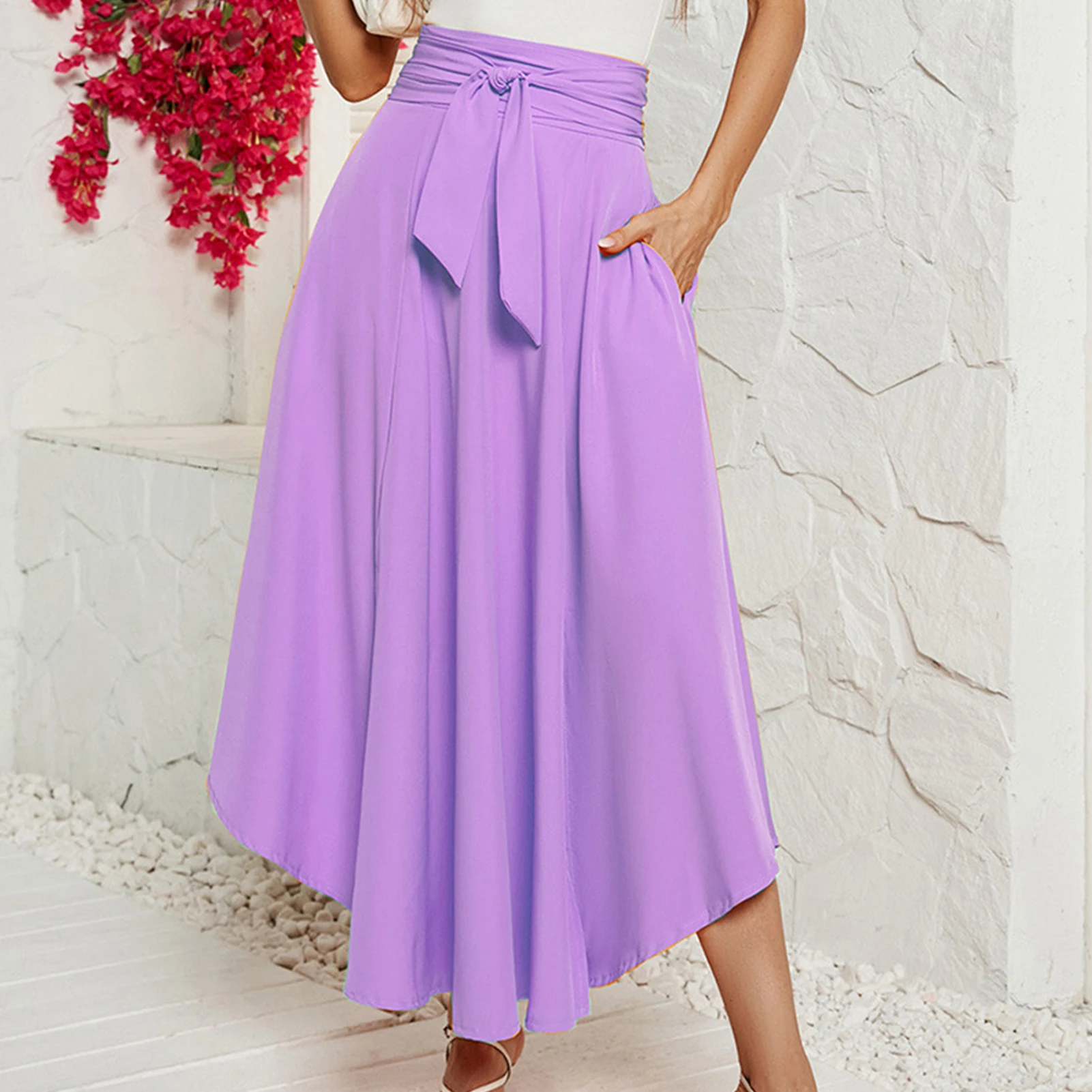 

Женская длинная юбка с разрезом, однотонная Асимметричная эластичная юбка с запахом, на шнуровке, элегантная дышащая юбка для отдыха