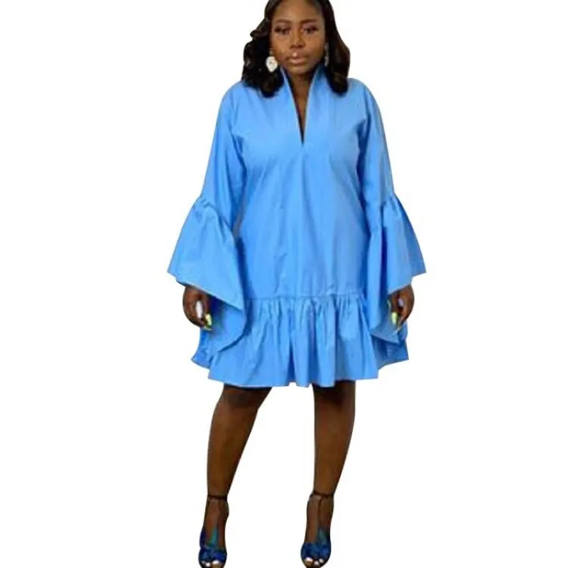 

African Dresses For Women Traditional Flare Sleeve Ruffle Dress 2022 Summer Solid Loose Casual Streetwear Africa Kanga Clothing