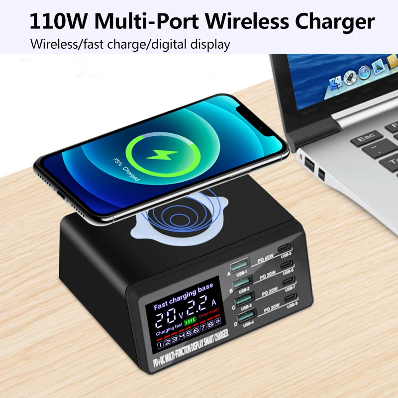 110W 8 Ports Wireless Charging Station PD Fast Charger USB Quick 3.0 Adapter HUB For iPhone 14 13 12 11 Samsung Huawei Xiaomi