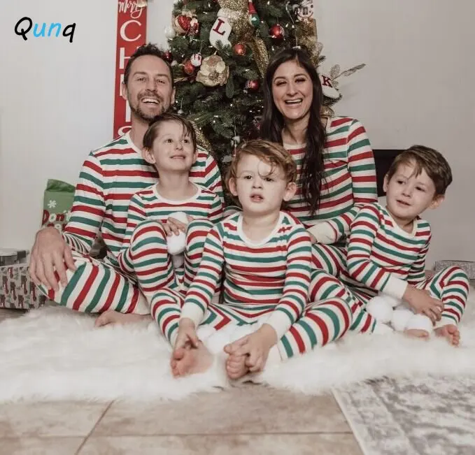 

Qunq Autumn New Christmas Parent-Child Costume O Neck Stripe Long Sleeve Print Top + Pants 2 Pieces Set Family Matching Outfits