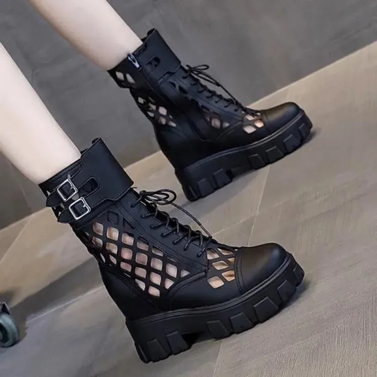 

2022 Height Increased Girl Platform Shoes Summer Cool Boots Women Hollow Ankle Boots for Women Black Women Martin Boot