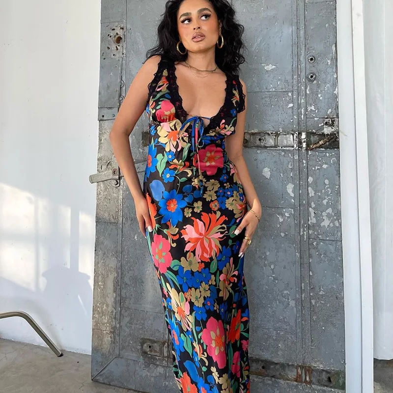 

Women's 2023 Summer New Fashion Flower Print Deep V Panel Lace up Dress for Women