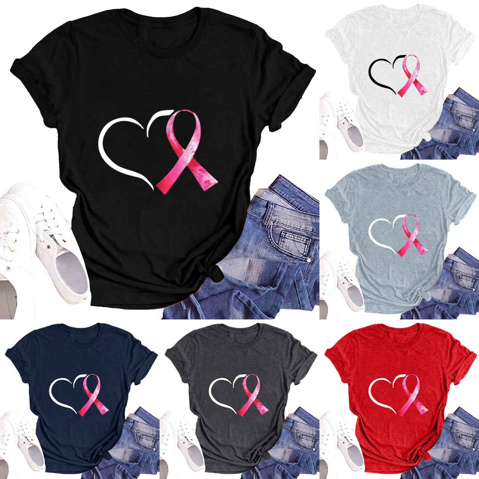 

Womens Fashion Round Neck Short Sleeved Love Printed T Shirt Top Women Long Thin Sleeve