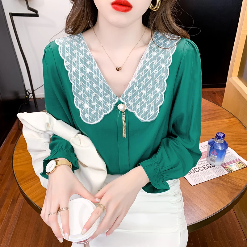 

Summer Women's Blouses New Top Long Sleeve Polo Shirt Fashion Stitching Casual Loose Girl Chiffon Clothing Houthion