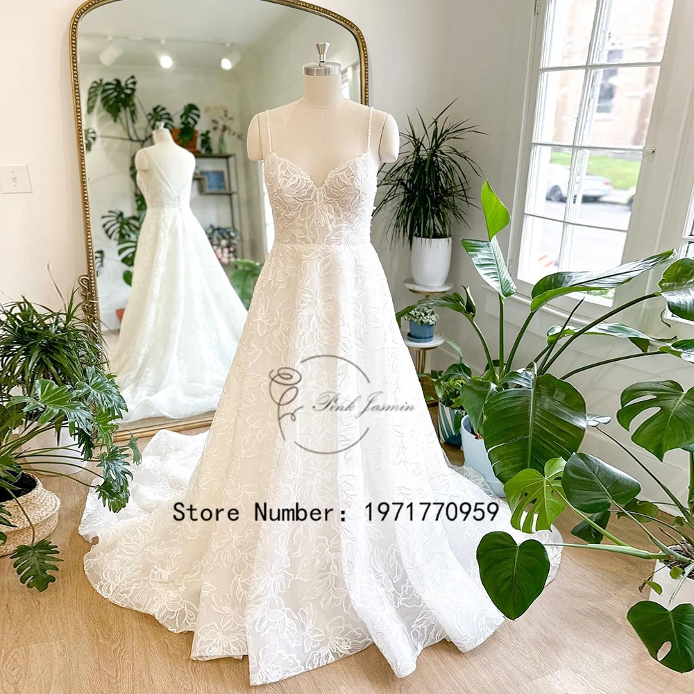 

Luxury Sweetheart White Spaghetti Straps Wedding Dresses For Women Classic A Line Fashion Court Train With Lace Robe De Mariée