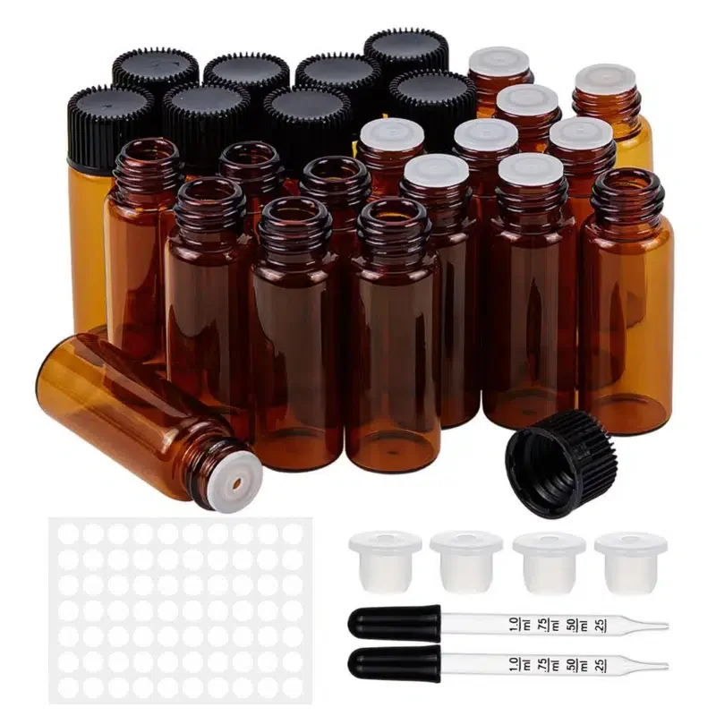 

40pcs 5ml Amber Glass Essential Oil Bottles With Screw Cap Small Amber Sample Glass Vials With 2pcs Graduated Droppers 1 Label