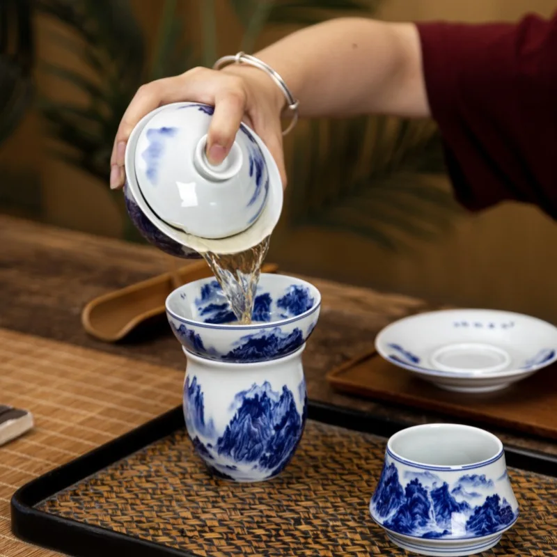 Jingdezhen Qitang Blue and White Porcelain Thousand-Li Landscape Ceramic Tea Set Suit Household High-Grade Living Room Office