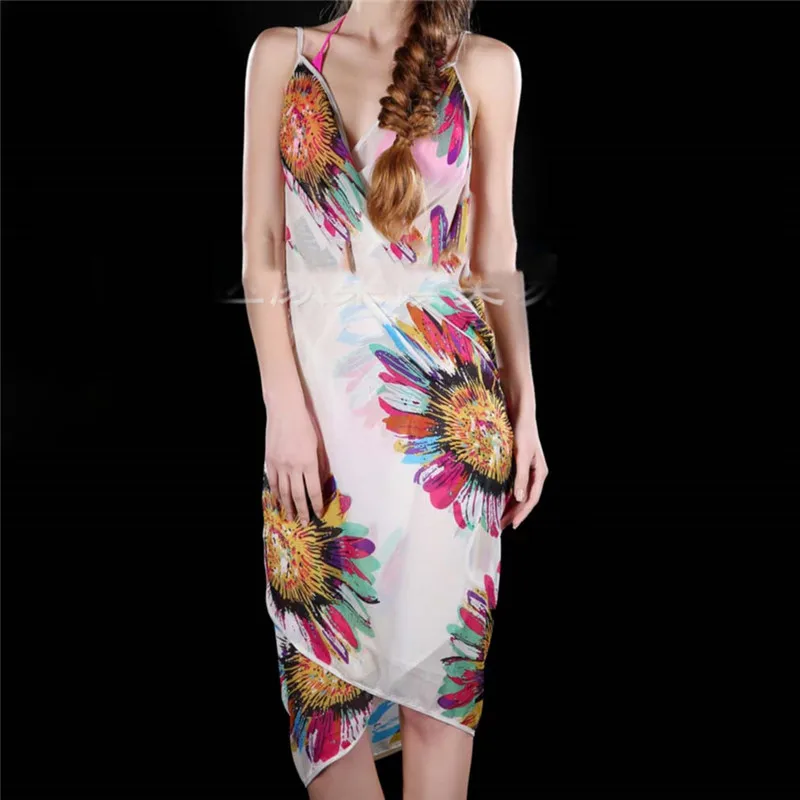 

Printed Cover-ups Sexy Beach Dress Women Halter Sling Chiffon Beach Towel Bikini Wrap Pareo Skirts Open-Back Swimwear