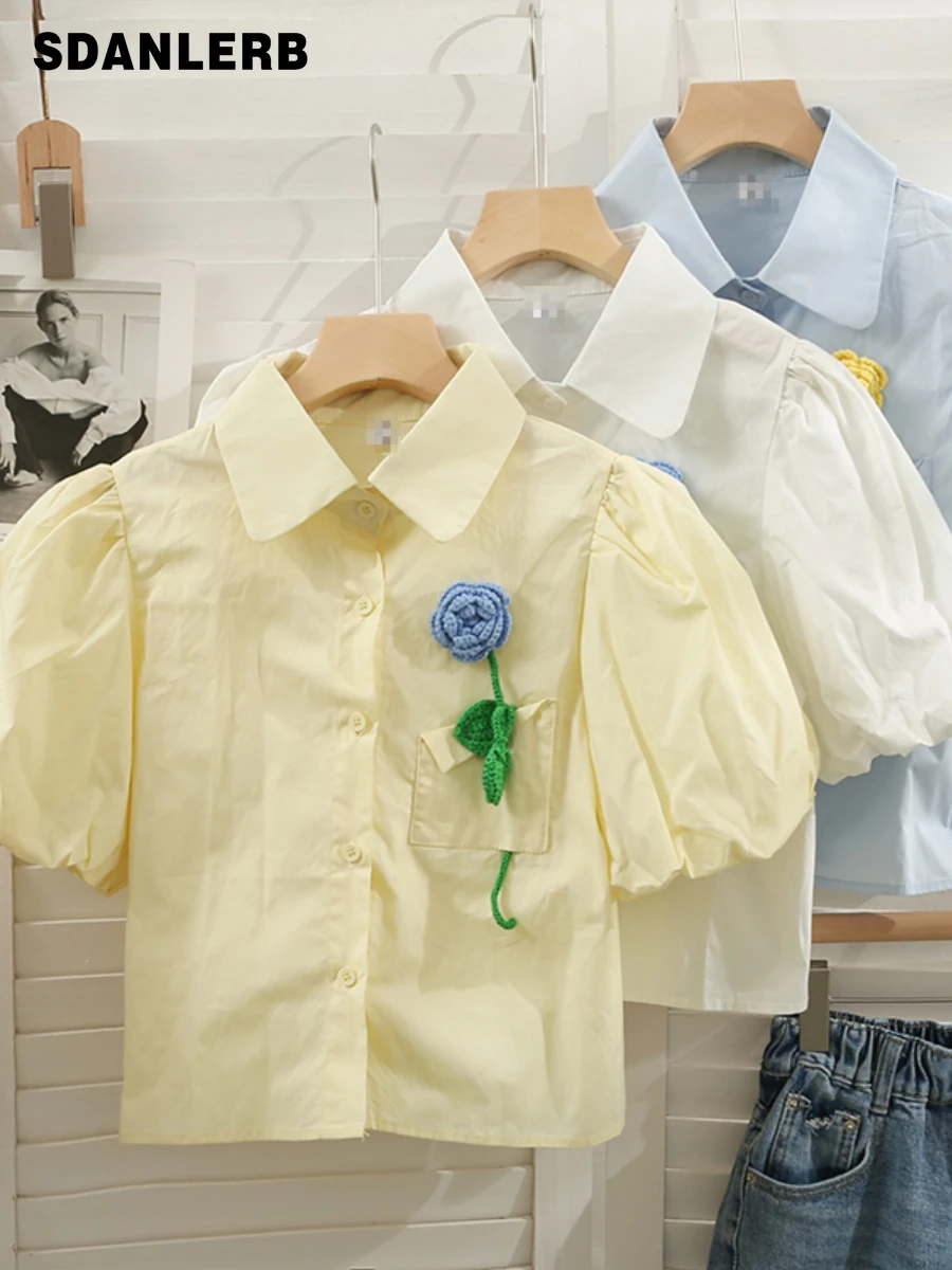 

New Solid Color Ladies Top 2022 Summer 3D Flower Lapel Single Breasted Cardigan Short Puff Sleeve Slimming Shirt Camisas Mujer