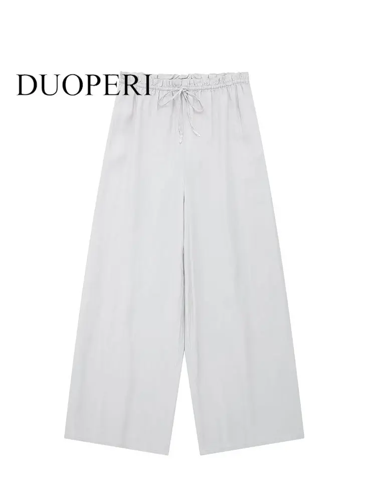 

Брюки DUOPERI женские с широкими штанинами, модные серые винтажные шикарные штаны полной длины с завышенной эластичной талией, на шнуровке
