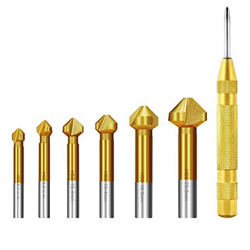 

6Pcs 90° Countersink Set HSS Countersink Set, Titanium 6.3-20.5 Mm Countersink Drill With 1 Automatic Center Drill Punch