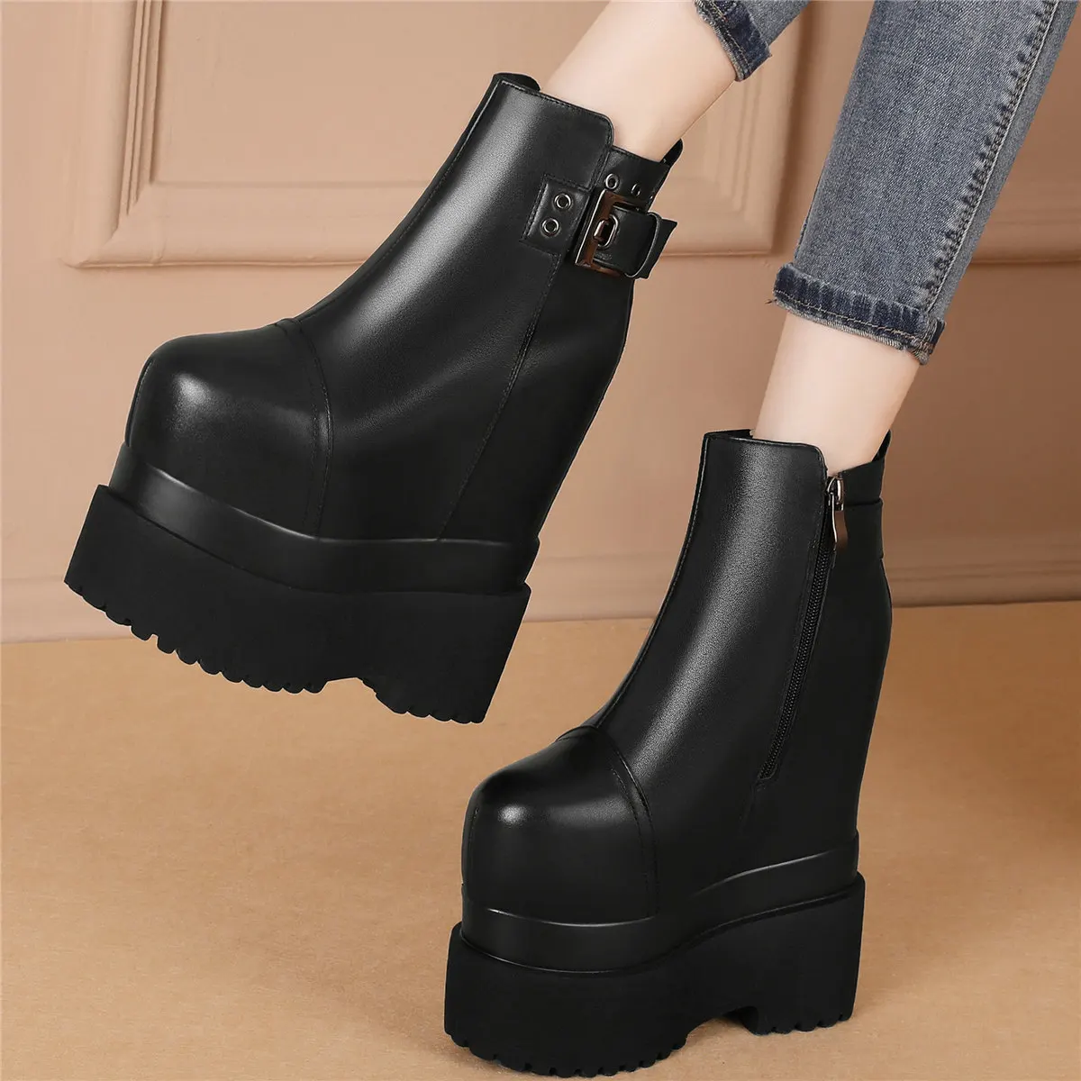 2022 Winter Warm Creepers Women Genuine Leather High Heel Motorcycle Boots Female High Top Round Toe Platform Pumps Casual Shoes