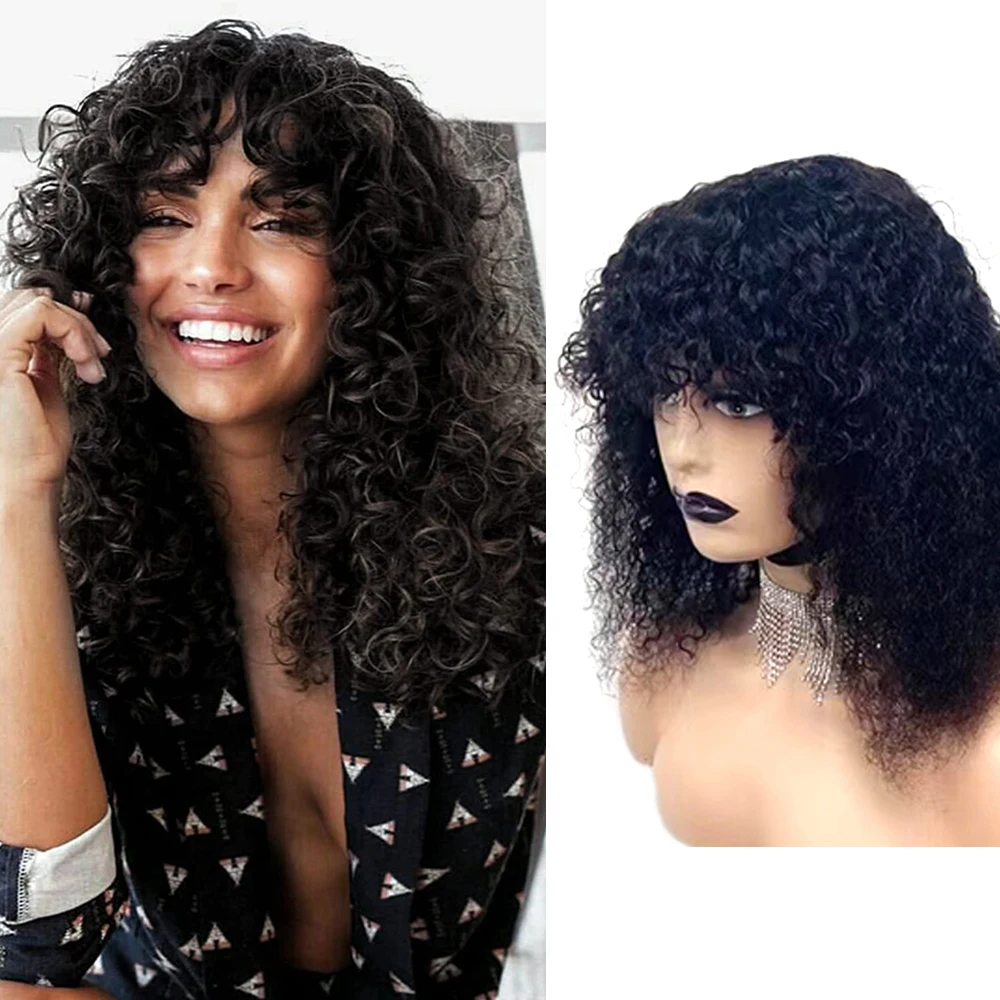 Curly Human Wig 14Inch Natural Black Kinky Wig with Bangs Full Machine Bouncy Curly Fringe Wig for Women Daily Use Party Cosplay