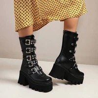 gothic punk womens platform boots black buckle strap zipper creeper wedges shoes mid calf military combat boots women