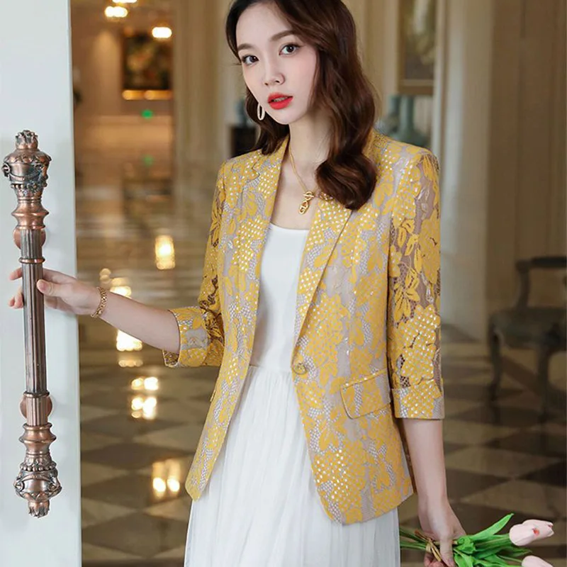 2023 New Lace Hollowed Out Women Suit Jacket Spring Summer Thin New Korean Fashion Temperament Slim Women Small Suit Jacket