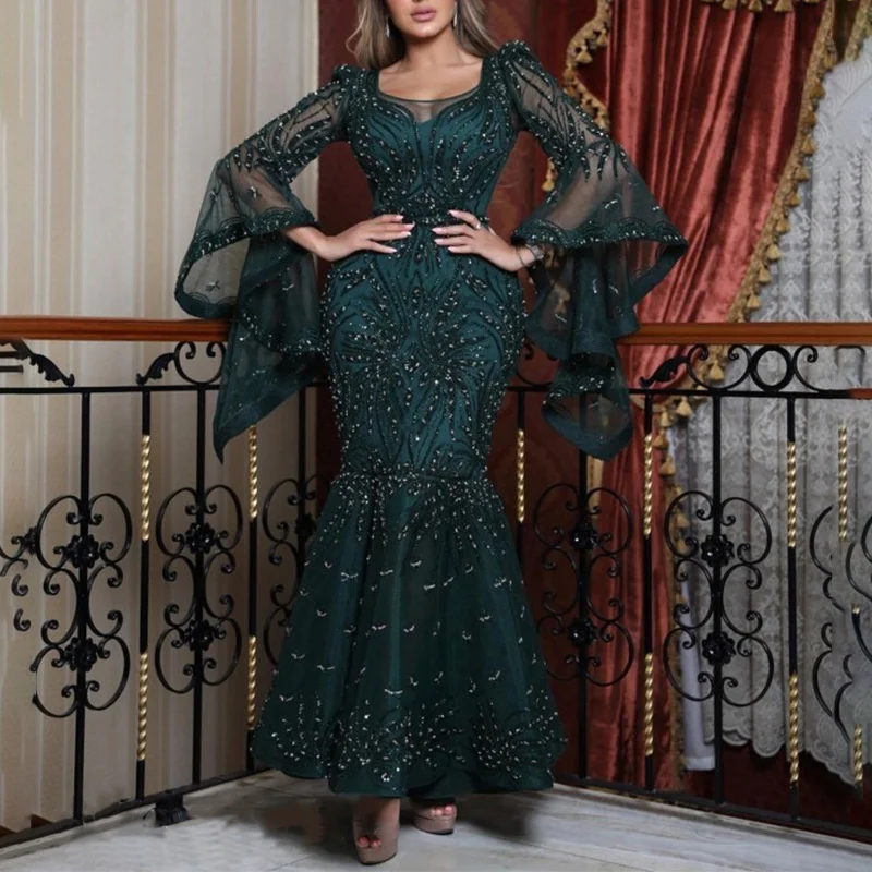 

Fashion New Sequins Evening Dress Elegant Round Neck Irregular Long Sleeve Mesh Women's Green Swallowtail Dress