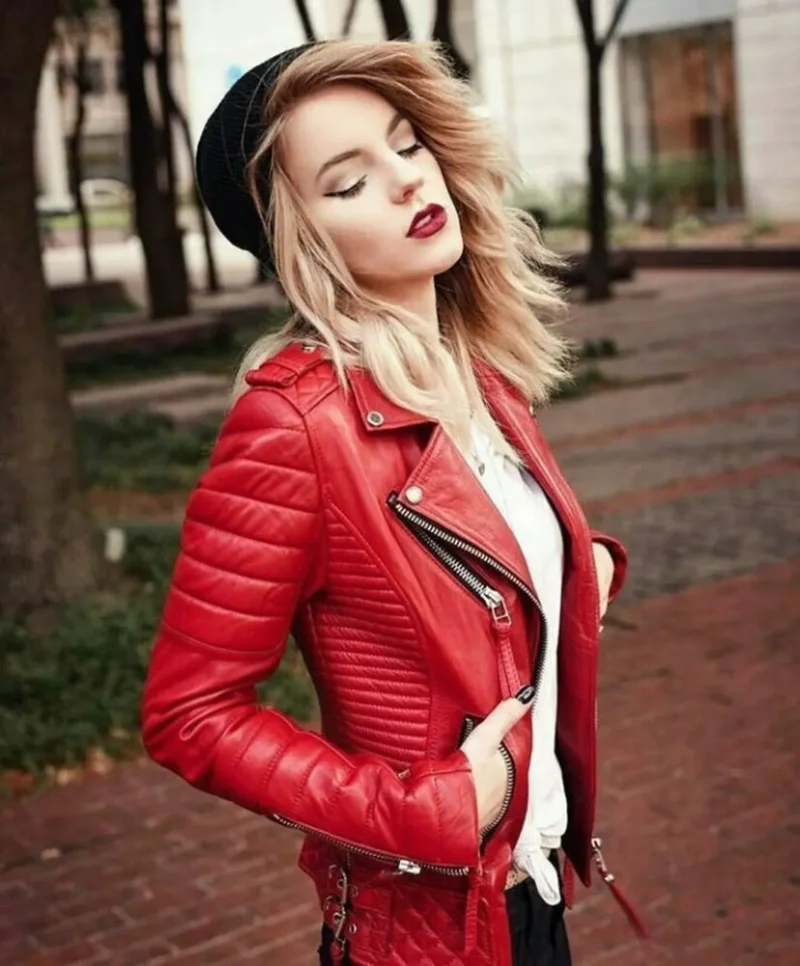 Women Lambskin Leather Ladies Jacket Biker Motor Slim Fit Red Jacket Real Leather Jacket Women