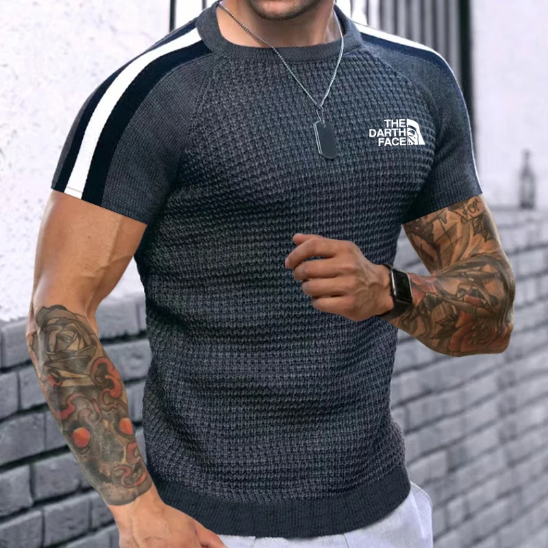 Men's spring and summer new waffle print round neck bottoming shirt men's trend color matching high-quality casual knitted sweat