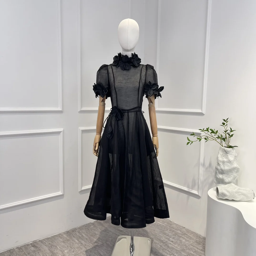 

2023 New Arrival High Quality Appliques Flower Belt Short Sleeve A-line Beige Black Midi Dresses for Women