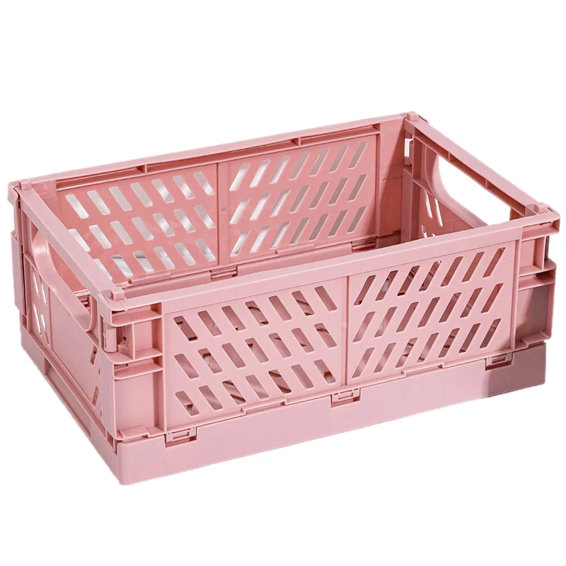 

Collapsible Crate Plastic Folding Storage Box Basket Utility Cosmetic Container Pink