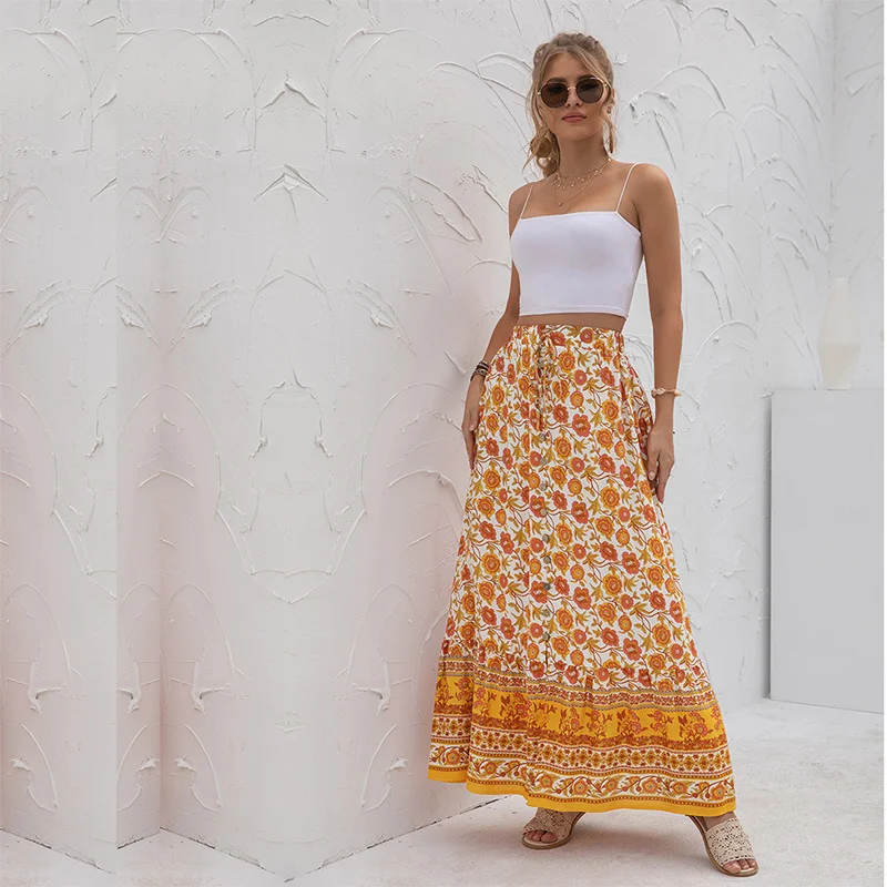 

Summer Floral Print Chiffon Beach Skirt 2023 Women Vintage Slit High Waist Sundress Woman Bohemian Vacation Long Skirts Mujer