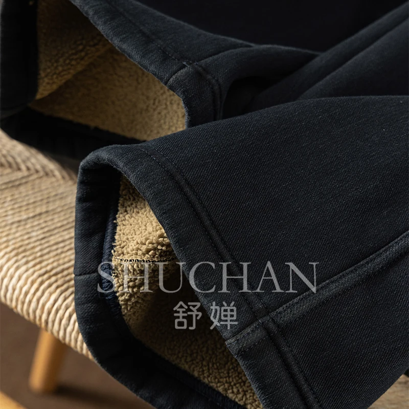 Темно-синие флисовые эластичные прямые брюки с высокой талией женские зимние