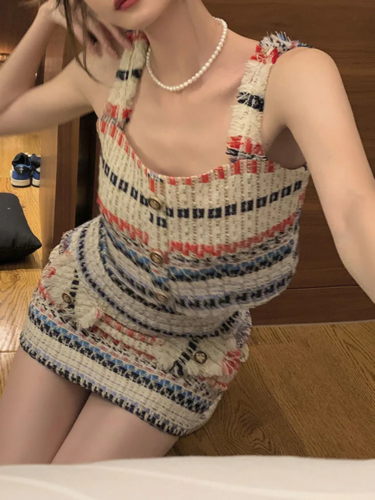 

Summer 2023 Sexy Tweed Stripe 2 Piece Set Women Vest Crop Top + High Waisted A-line Skirt Vintage Two Piece Skirt Suit Outfits