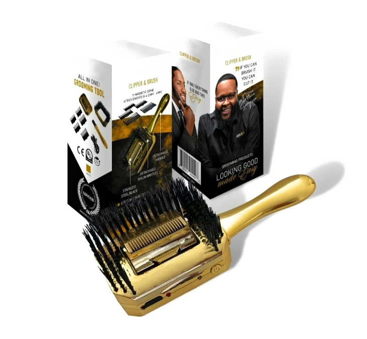 

Self-Grooming Hair and Beard Cutting Hairbrush, (CutBrush Gold Mod 3) 5 Comb Attachments and Charging Cable Included