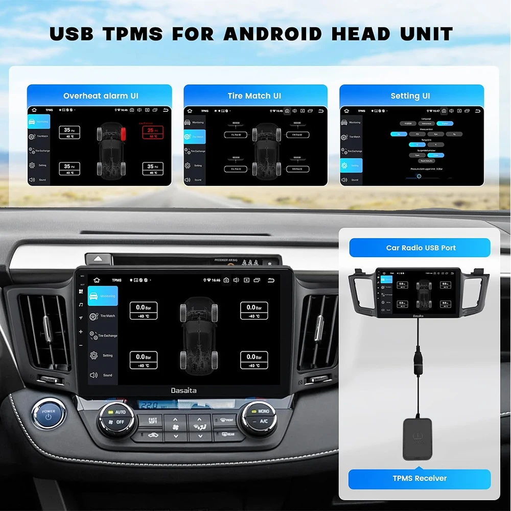 USB Android TPMS Система контроля давления в шинах Дисплей Сигнализация Внешние датчики