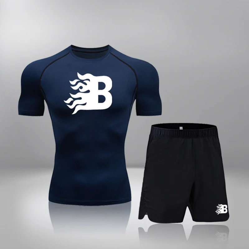 

New 2 Pcs/Sets Men's Breathable Running Set Sportswear Short Sleeve T-Shirt Athletic Wear Compression Suit Gym Elastic Tracksuit