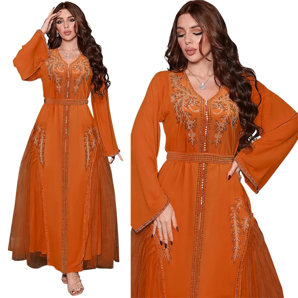 

2023 Summer Elegant Muslim Women Long Sleeve V-neck Polyester Orange Long Abaya Muslim Fashion Dresses Maxi Dress Abaya Dress