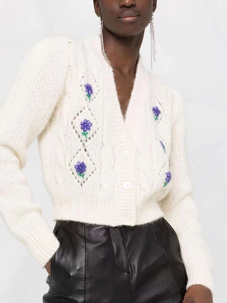 

Argyle Women Cropped Cardigan Sweater Embroidery Vintage Long Sleeve V Neck Tops Knitted Cardiagns Autumn Winter Women's Clothes