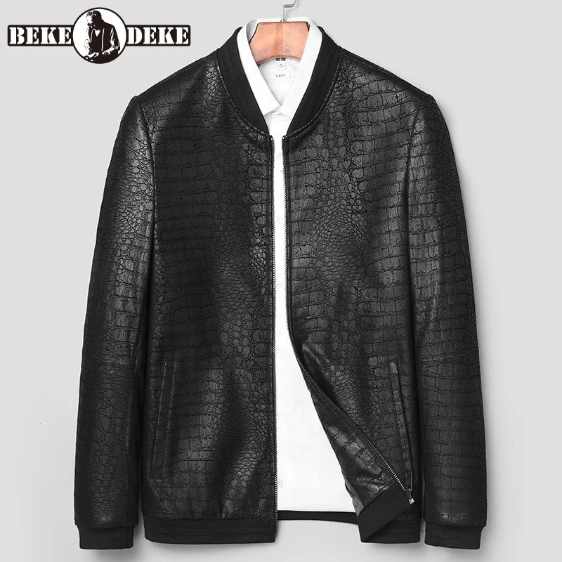 

Jackets Brand Leather Men Genuine Sheepskin Coats Crocodile Pattern Fashion Autumn Leather Business Men Slim Fit Coat Jacket