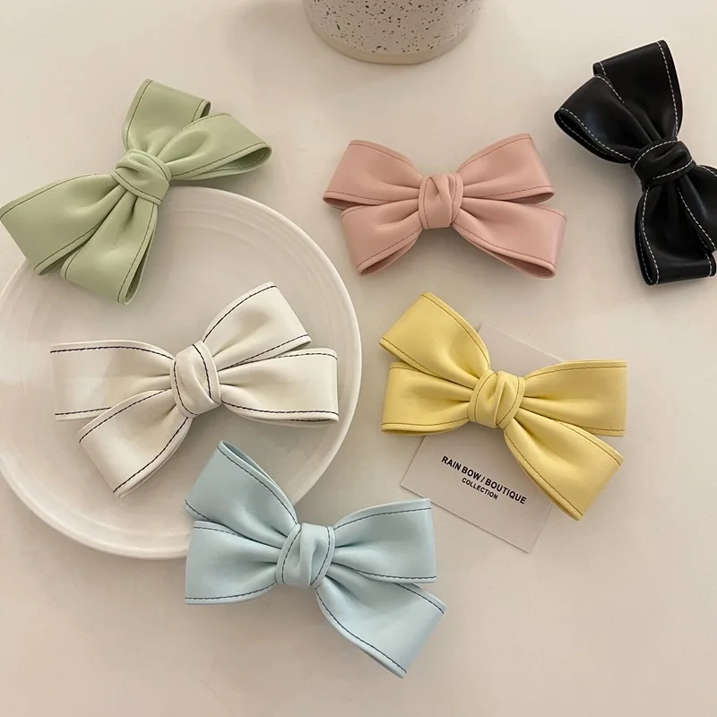 

Sweet Candy-colored Girl Sweet Going out Solid Color Hair Accessories Leather Bow Headdress Japanese and Korean Girl Hairpin