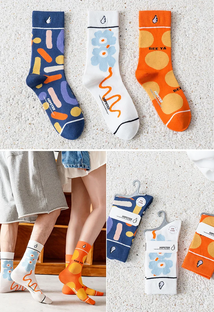 

3 pairs of spring, summer and autumn mid-tube embroidered high-quality cotton socks for men and women sports couple tide socks