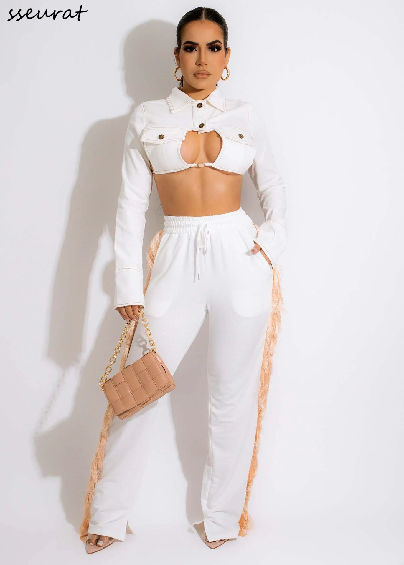 

Женский Повседневный костюм, топ с вырезом на пуговицах, с открытой спиной и воротником с лацканами, с длинными рукавами и свободные брюки с ...